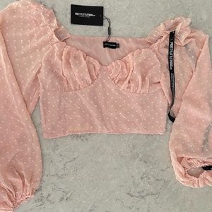 PrettyLittleThing Rose Dobby Mesh Cup Detail Long Sleeve Crop Top